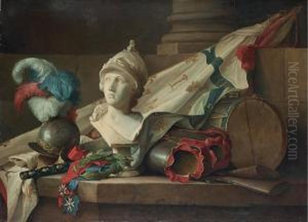 Bust Of Minerva, Armour, 
Muskets, A Drum, A Standard, A Marshal's Baton, A Laurel Wreath And 
Badges And Sashes Of The Orders Of Saint- Louis And Of The Saint-esprit 
On A Stone Ledge. Oil Painting by Anne Vallayer-Coster