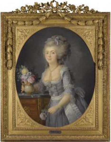 Portrait Of Madame Adelaide 
Auguie, Three Quarter Length, Standing Beside A Table Holding A Vase Of 
Flowers Oil Painting by Anne Vallayer-Coster