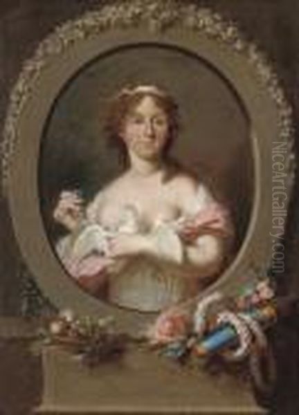 Portrait Of A Lady As Venus, In A
 White Dress And Pink Wrap, Withforget-me-nots And A Dove In Her Hands, 
In A Sculpted Cartouchesurrounded By The Attributes Of Love Oil Painting by Anne Vallayer-Coster