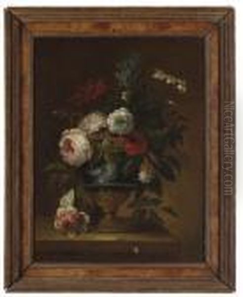 Carnations, Peonies, Honeysuckle
 And Other Flowers In A Blue Porcelain Vase On A Stone Ledge Oil Painting by Anne Vallayer-Coster