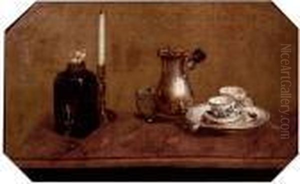 A Silver Coffee Pot, Cups On A Tray, A Bottle And A Candlestick, On A Tabletop Oil Painting by Anne Vallayer-Coster