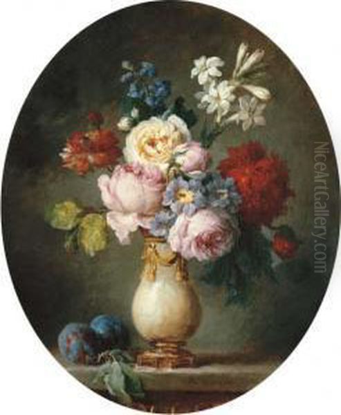 A Vase Of Flowers And Two Plums On A Marble Tabletop Oil Painting by Anne Vallayer-Coster