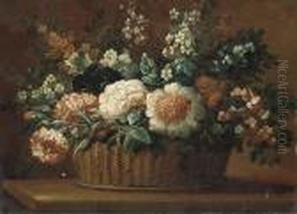 Carnations, Roses And Other Flowers In A Basket On A Ledge Oil Painting by Anne Vallayer-Coster