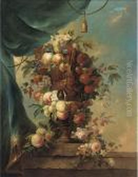 Peaches, Plums, Grapes, Cherries And Roses In A Gilt Urn On Aledge Oil Painting by Anne Vallayer-Coster