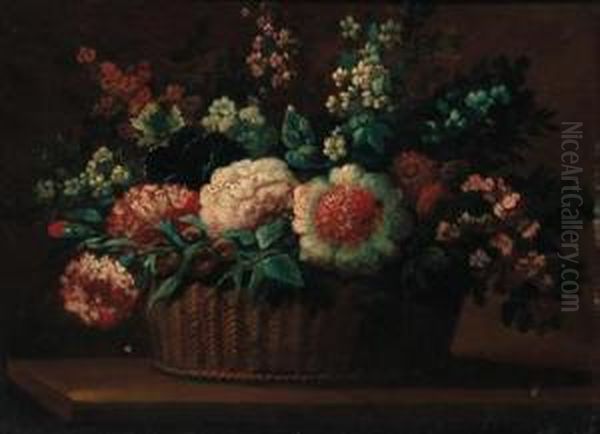 Carnations, Roses And Other Flowers In A Basket On A Ledge Oil Painting by Anne Vallayer-Coster