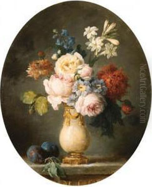 A Vase Of Flowers And Two Plums On A Marble Tabletop Oil Painting by Anne Vallayer-Coster