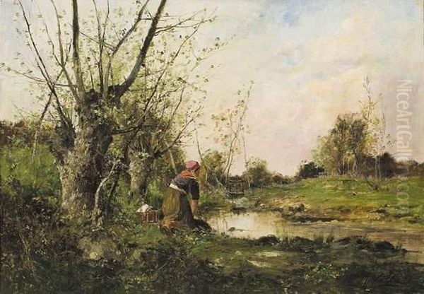 Femme Lavant Son Linge A La Riviere. Oil Painting by Etienne Maxime Vallee