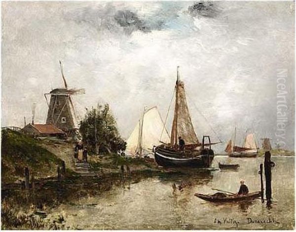 Boats On A River Near Dordrecht Oil Painting by Etienne Maxime Vallee