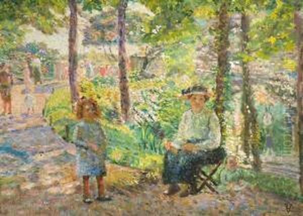 Mere Et Enfants Au Jardin Public Oil Painting by Ludovic Vallee