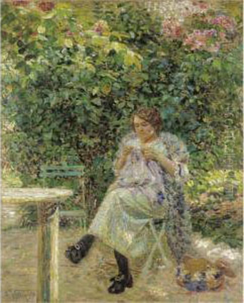 Femme A Sa Couture Assise Dans Un Jardin Oil Painting by Ludovic Vallee