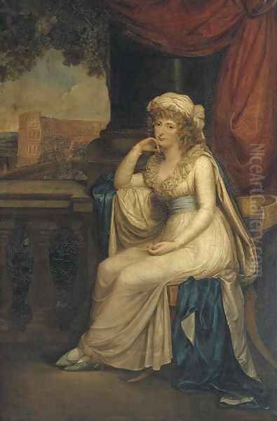 Portrait of Lady Clifford, full-length, seated in a white dress with blue sash on a Klismos chair on a loggia overlooking the Colloseum Oil Painting by Robert Fagan