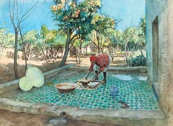 Laying tiles by the orange grove Oil Painting by Amedee Forestier