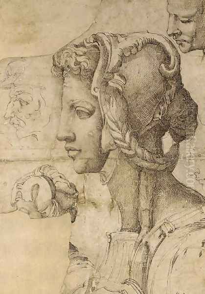 An ideal female head in profile to the left, after Michelangelo, with other head studies Oil Painting by Battista Franco