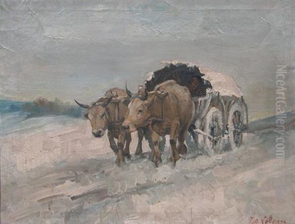 Oxen Cart Oil Painting by Ion Marinescu Valsan