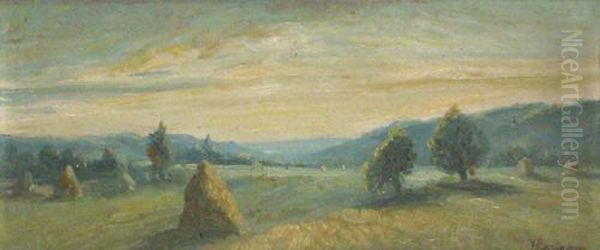 Landscape With Hay Stacks Oil Painting by Ion Marinescu Valsan