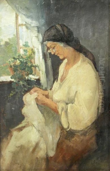 Woman Sewing At The Window Oil Painting by Ion Marinescu Valsan