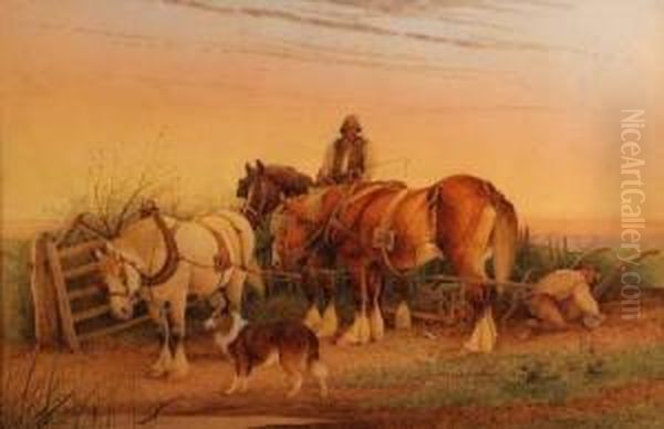 Farm Workers And Heavy Horses Oil Painting by Frederick E. Valter