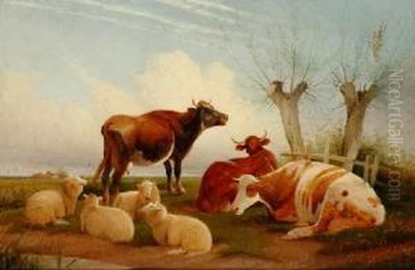 Cattle And Sheep In Alandscape Oil Painting by Frederick E. Valter