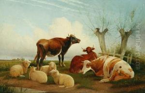 Cattle And Sheep Ina Landscape 
1903 Oil On Board Signed 'frederick E Valter' And Datedlower Centre 28 X
 42 Cm Oil Painting by Frederick E. Valter