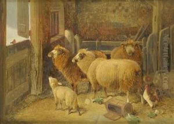 Christmasgreeting, Sheep And 
Lamb With Cockerel In A Barn, A Robin At Thedoor, Snow Covered Landscape
 Beyond Oil Painting by Frederick E. Valter