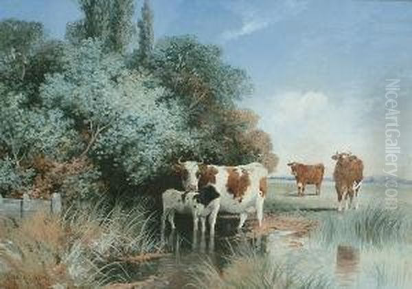 Cattle Watering Oil Painting by Frederick E. Valter