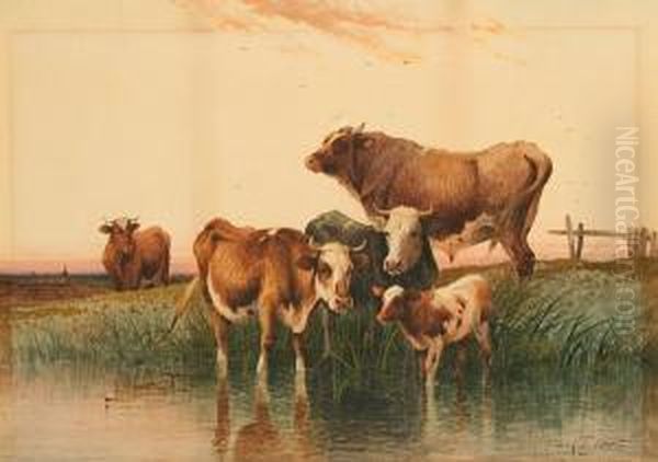 Cows Watering At A Riverside, An Extensive Landscape With View Of Town Beyond Oil Painting by Frederick E. Valter