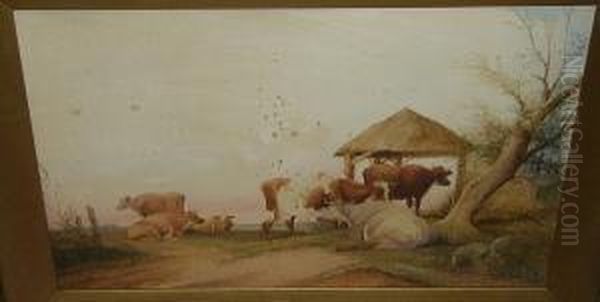 Cattle Resting By A Byre; Sheep 
And Cattle In An Open Pasture, Both Signed And Dated 'frederick E. 
Valter 1903' Oil Painting by Frederick E. Valter