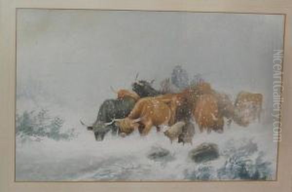 Farmers Herding Highland Cattle In A Snowstorm Oil Painting by Frederick E. Valter