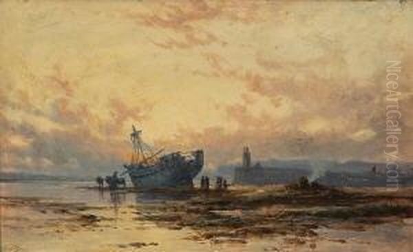 Schiffswrack Am Abendlichen Strand. Oil Painting by Henry Valter