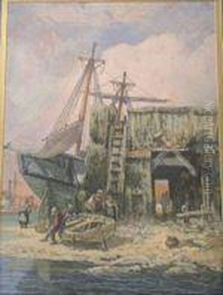 Beached Boatswith Fisherman Oil Painting by Henry Valter