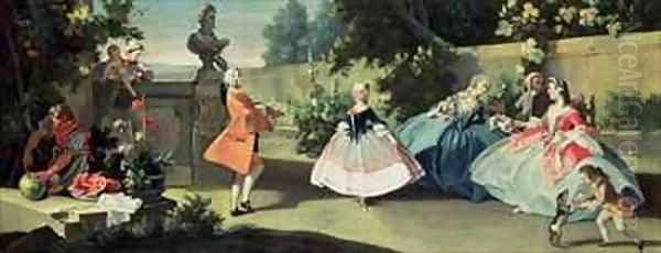 An ornamental garden with a young girl dancing to a fiddle Oil Painting by Filippo Falciatore