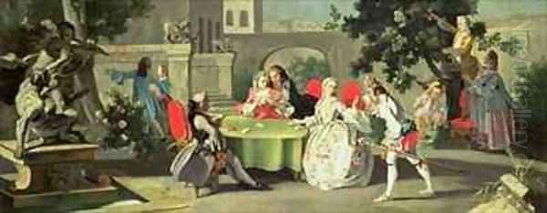 An ornamental garden with elegant figures seated around a card table Oil Painting by Filippo Falciatore