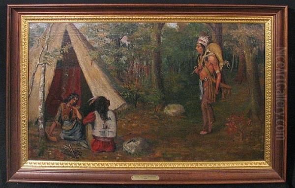 An Indian Camp In A Forest Setting Oil Painting by Charles Valton