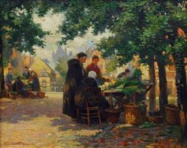 Marktszene In Brugge Oil Painting by Florimond Van Acker