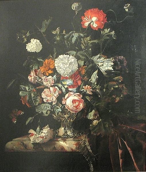 A Still Life With Roses, Poppies And Other Flowers In A Silver Vase Oil Painting by Willem Van Aelst