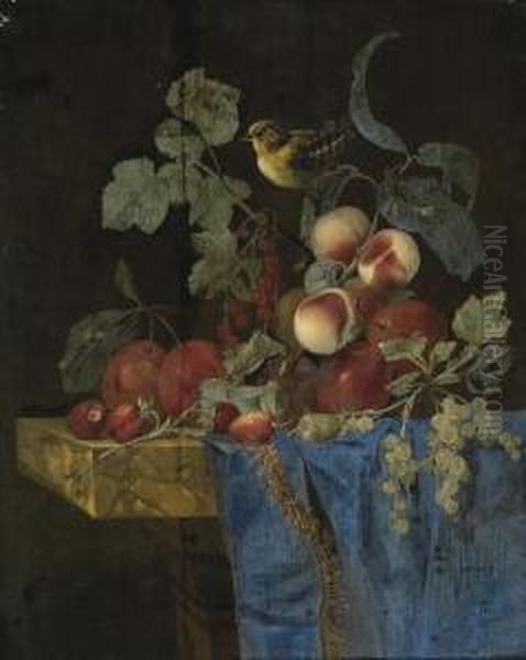 Plums, Strawberries, Peaches, 
Grapes, Redcurrants And Gooseberries With A Finch, On A Partly-draped 
Marble Ledge Oil Painting by Willem Van Aelst