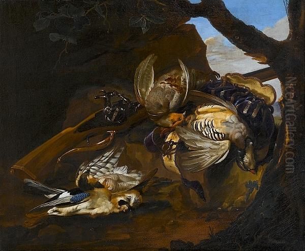 Dead Partridges With A Dead Jay 
And Sparrowhawk With Hunting Paraphernalia And An Italian Wheel-lock Gun
 In A Landscape Oil Painting by Willem Van Aelst