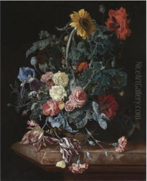 Still Life With A Bouquet Of Flowers On A Marble Table Top Oil Painting by Willem Van Aelst