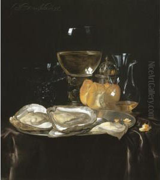 Still Life With A Roemer, A 
Carafe Of Vinegar, A Glass Tazza, A Bread Roll And Oysters On A Silver 
Plate On A Draped Table Top Oil Painting by Willem Van Aelst