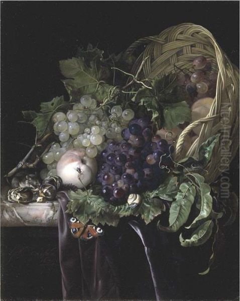 Peaches, Chestnuts And Grapes In
 An Overturned Basket Resting On A Partially Draped Marble Ledge Oil Painting by Willem Van Aelst