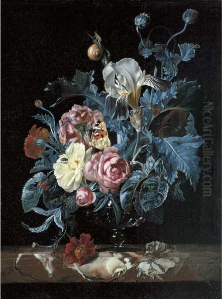 Roses, Irises, Poppies And Other
 Flowers In A Glass Vase, On Amarble Ledge With A Tortoiseshell 
Butterfly And Insects Oil Painting by Willem Van Aelst