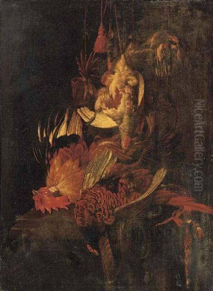 A Dead Cockerel And Game Birds 
Suspended By String With A Pheasantand A Falcon's Hood On A Ledge Oil Painting by Willem Van Aelst