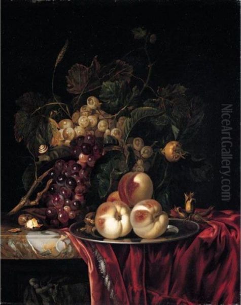 A Still Life Of Peaches On A 
Pewter Plate, Bunches Of Grapes, Walnuts And Almonds Together On A Red 
Cloth On A Stone Ledge Oil Painting by Willem Van Aelst