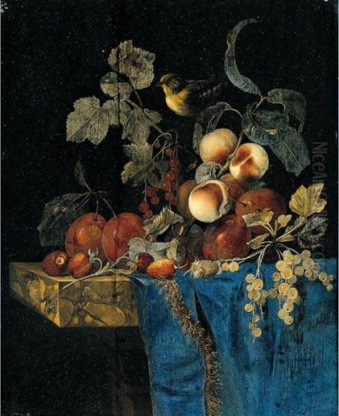 Still Life Of Apricots, Plums, 
Red And White Currants And Strawberries Arranged On A Marble Ledge 
Draped With A Blue Cloth And A Bird Oil Painting by Willem Van Aelst