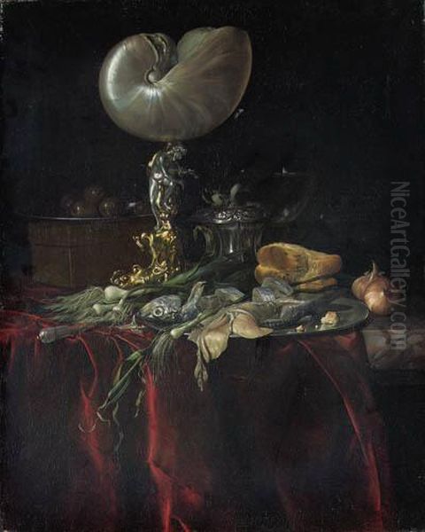 A Nautilus Cup, A Pickled 
Herring And A Fillet On A Pewter Platewith A Fly, Onions And Leeks, 
Cloves In A Pewter Cup, A Roemer, Acrystal-handled Knife And Olives On A
 Pewter Plate On A Box, On Apartly Draped Marble Shelf Oil Painting by Willem Van Aelst