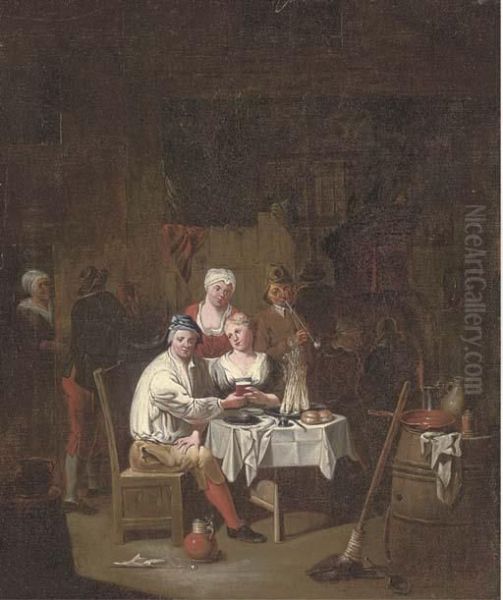 Figures Drinking And Smoking In An Interior Oil Painting by Joseph van Aken