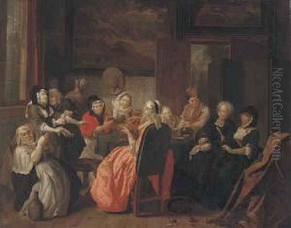 A Merry Company Drinking And Smoking In An Interior Oil Painting by Joseph van Aken