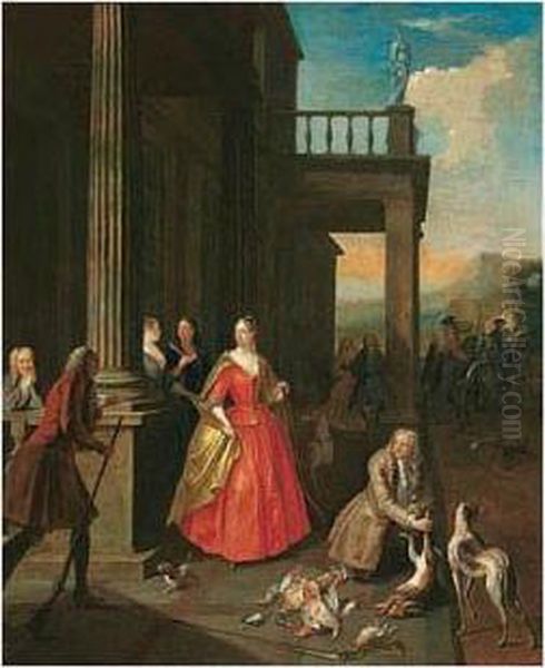 Elegant Figures Gathered Before A Portico After Returning From A Hunt Oil Painting by Joseph van Aken