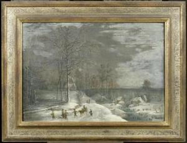 Landscape In Winter With Ice Skaters Oil Painting by Denys Van Alsloot