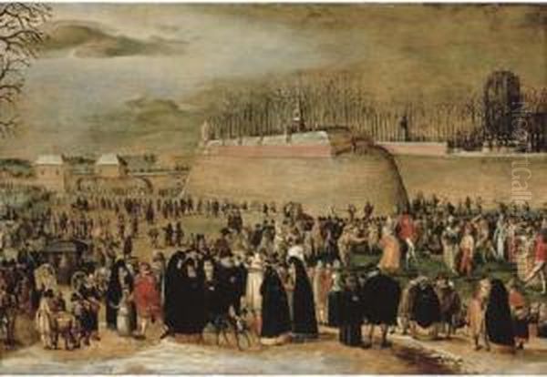 A Winter Carnival With Figures On The Ice Before The Kipdorppoortbastion In Antwerp Oil Painting by Denys Van Alsloot